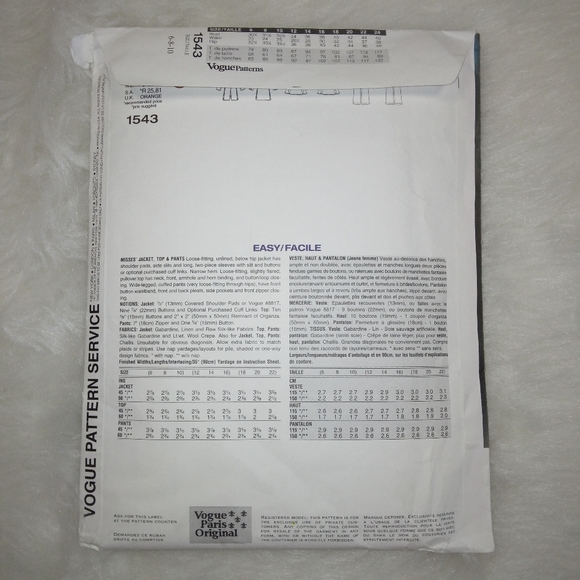 VOGUE 1542 Emanuel Ungaro Paris Original Jacket Top Pants Size 6-8-10 - Picture 6 of 6